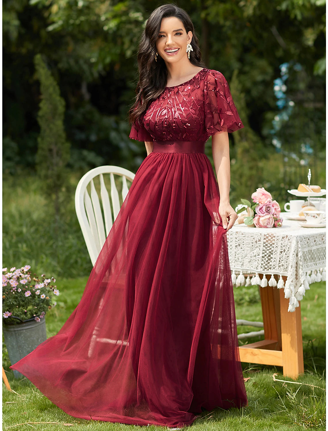 Wholesale  A-Line Prom Dresses Vintage Dress Prom Floor Length Short Sleeve Jewel Neck Tulle with Sequin Ruffles Appliques